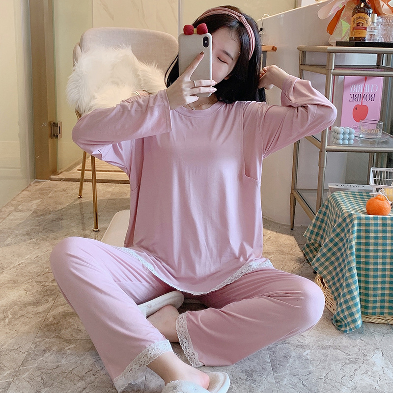 Pijamale de maternitate din modal, pentru alăptare, stil pulover simplu, mâneci lungi, pantaloni, 90–95% modal