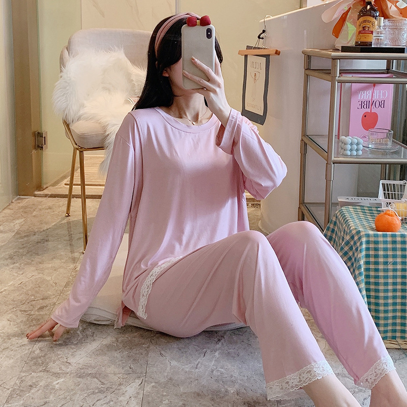 Pijamale de maternitate din modal, pentru alăptare, stil pulover simplu, mâneci lungi, pantaloni, 90–95% modal