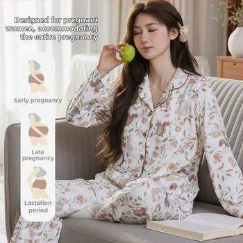 Set de pijamale maternitate din bumbac 100% tricotat, cu pernă pentru sân, reglabil, pentru alăptare – iarnă, primăvară și toamnă