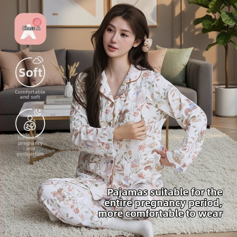 Set de pijamale maternitate din bumbac 100% tricotat, cu pernă pentru sân, reglabil, pentru alăptare – iarnă, primăvară și toamnă