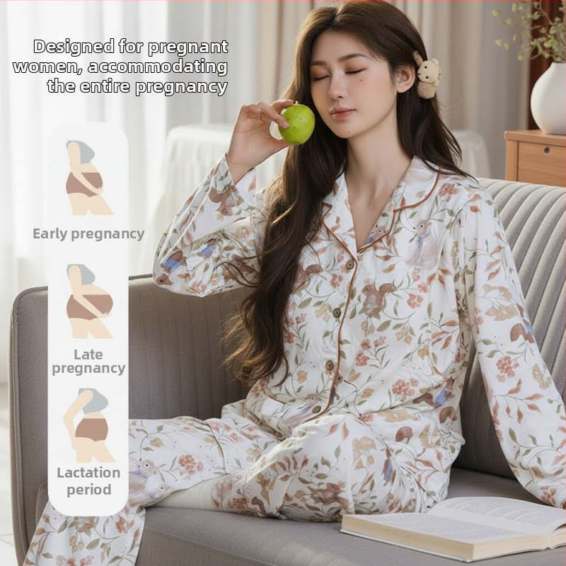 Set de pijamale maternitate din bumbac 100% tricotat, cu pernă pentru sân, reglabil, pentru alăptare – iarnă, primăvară și toamnă