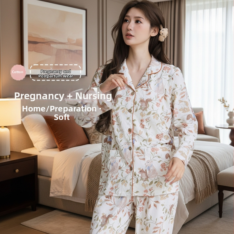 Set de pijamale maternitate din bumbac 100% tricotat, cu pernă pentru sân, reglabil, pentru alăptare – iarnă, primăvară și toamnă