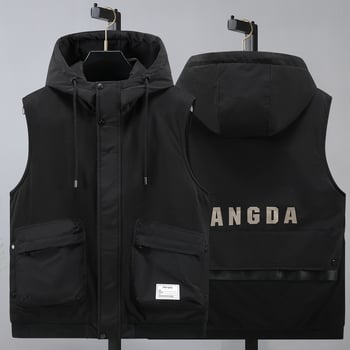 Γιλέκο με κουκούλα, γέμισμα από βαμβάκι, φαρδιά γραμμή, πολυεστερικό ύφασμα, νεανικό στυλ, τσέπες Mingji-line patch, φθινόπωρο 2024.