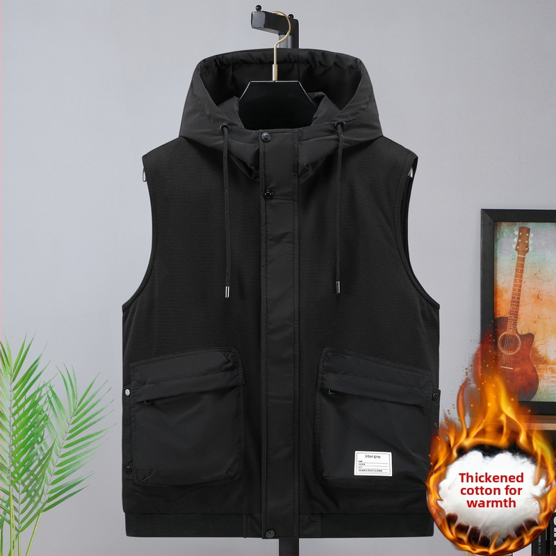 Kapucňová vesta s bavlnenou výplňou, voľný strih, polyesterová tkanina, mladistvý štýl, Mingji-line vrecká, jeseň 2024.