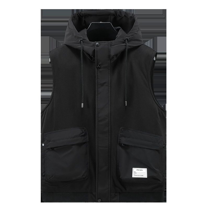 Γιλέκο με κουκούλα, γέμισμα από βαμβάκι, φαρδιά γραμμή, πολυεστερικό ύφασμα, νεανικό στυλ, τσέπες Mingji-line patch, φθινόπωρο 2024.