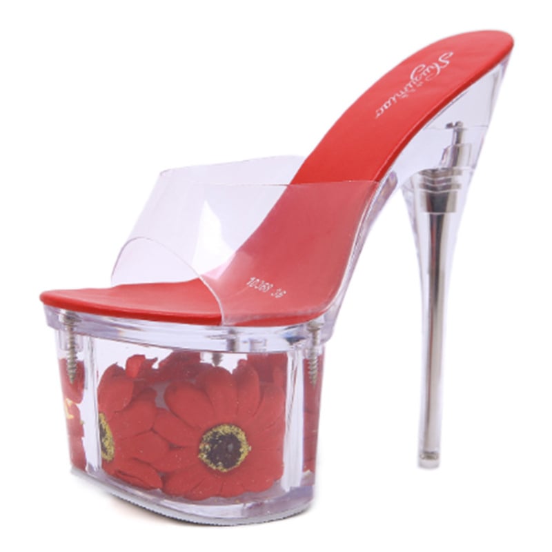Plusz méretű átlátszó kristályos szandál PU felsőrésszel, hal formájú orral, stilettó sarok, gumírozott platforma, virágos díszítés