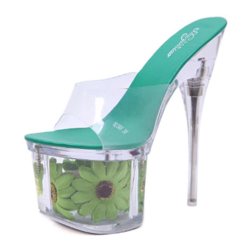 Plusz méretű átlátszó kristályos szandál PU felsőrésszel, hal formájú orral, stilettó sarok, gumírozott platforma, virágos díszítés