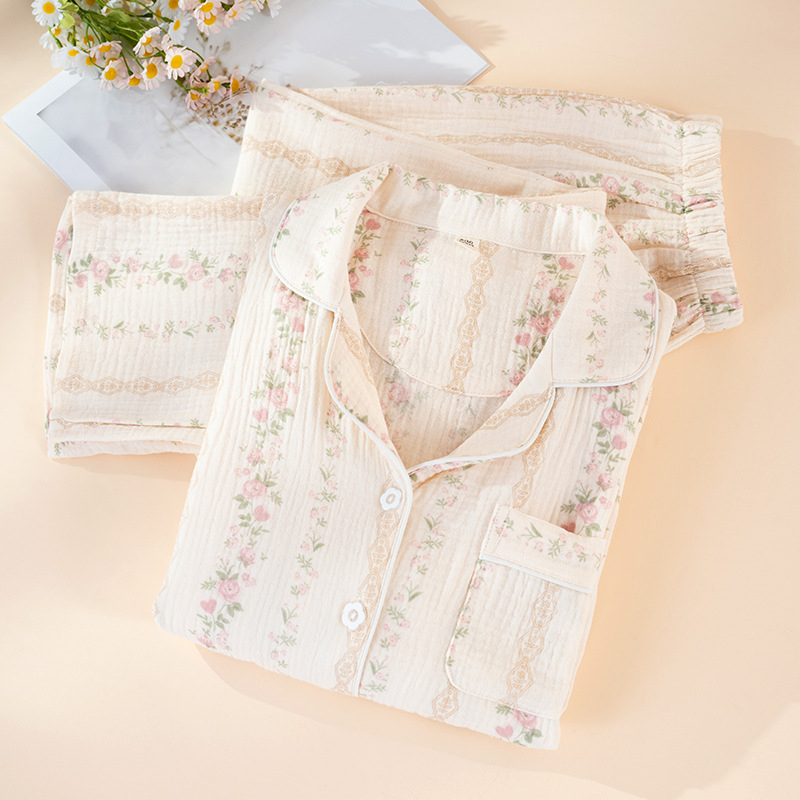 Pijamale pentru femei din bumbac 100%, set în stil simplu casual, țesătură subțire, mâneci lungi, pantaloni lungi