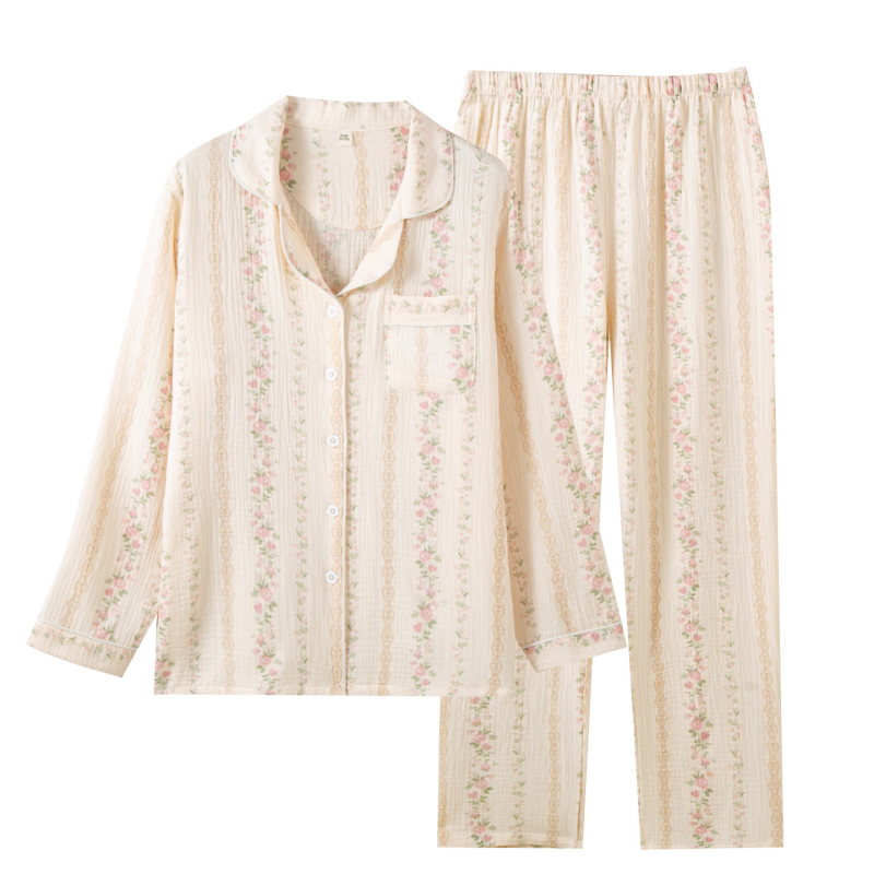 Pijamale pentru femei din bumbac 100%, set în stil simplu casual, țesătură subțire, mâneci lungi, pantaloni lungi