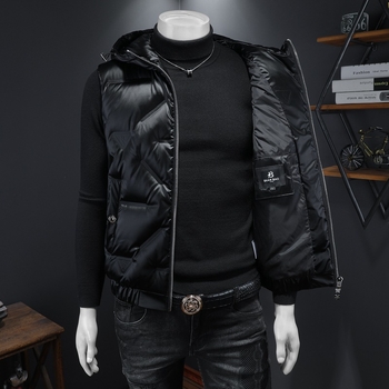 Ανδρικό γιλέκο με γέμισμα από πάπια, κουκούλα, κορεατικό στυλ με φερμουάρ, στενή γραμμή, για χειμερινό casual ντύσιμο, 2024