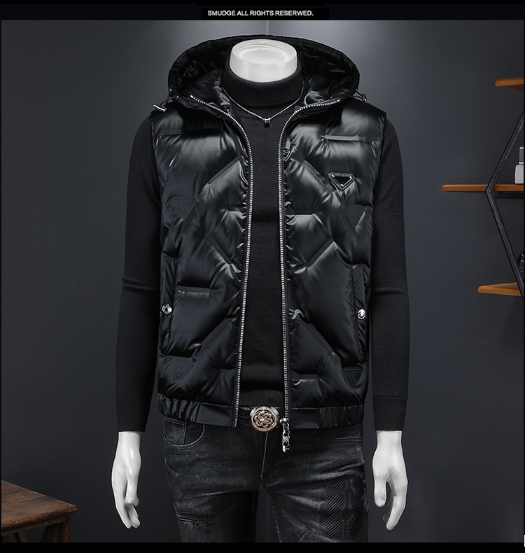 Ανδρικό γιλέκο με γέμισμα από πάπια, κουκούλα, κορεατικό στυλ με φερμουάρ, στενή γραμμή, για χειμερινό casual ντύσιμο, 2024