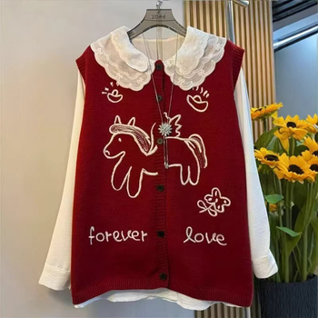 Корейска безръкавна плетена жилетка с кръгло деколте, аниме принт, редовна дължина, памук-полиестер