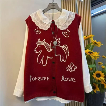 Корейска безръкавна плетена жилетка с кръгло деколте, аниме принт, редовна дължина, памук-полиестер