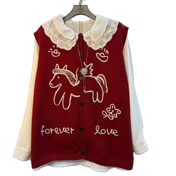 Корейска безръкавна плетена жилетка с кръгло деколте, аниме принт, редовна дължина, памук-полиестер