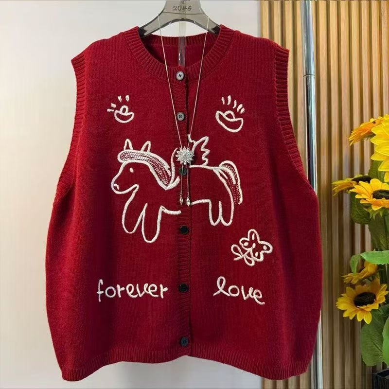 Корейска безръкавна плетена жилетка с кръгло деколте, аниме принт, редовна дължина, памук-полиестер