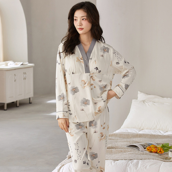 Set de pijamale pentru maternitate – bumbac 100%, antibacterian, cu pernă pentru sân; mâneci lungi, pantaloni; grosime material 181–200 g/m²; potrivit pentru vară, primăvară, toamnă