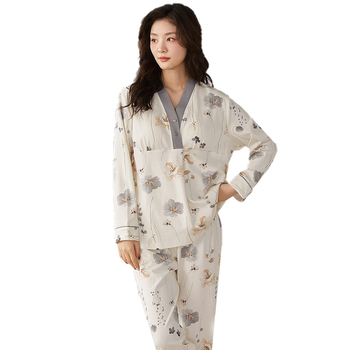 Set de pijamale pentru maternitate – bumbac 100%, antibacterian, cu pernă pentru sân; mâneci lungi, pantaloni; grosime material 181–200 g/m²; potrivit pentru vară, primăvară, toamnă