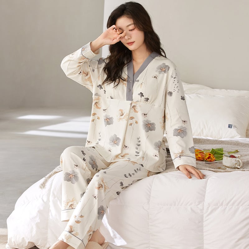 Set de pijamale pentru maternitate – bumbac 100%, antibacterian, cu pernă pentru sân; mâneci lungi, pantaloni; grosime material 181–200 g/m²; potrivit pentru vară, primăvară, toamnă