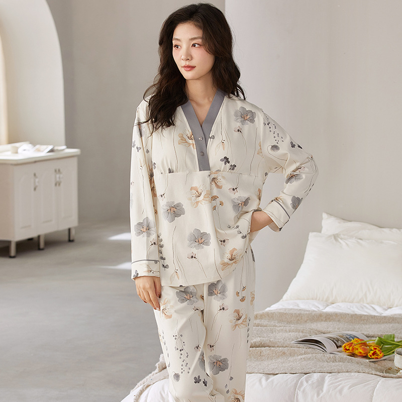 Set de pijamale pentru maternitate – bumbac 100%, antibacterian, cu pernă pentru sân; mâneci lungi, pantaloni; grosime material 181–200 g/m²; potrivit pentru vară, primăvară, toamnă