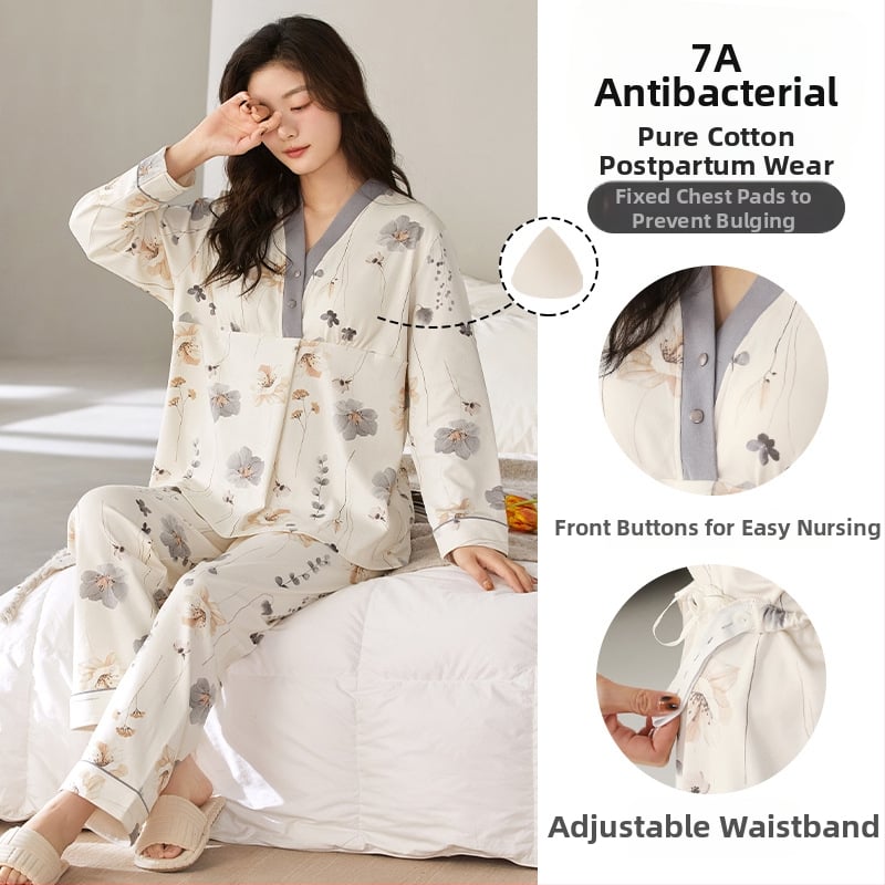 Set de pijamale pentru maternitate – bumbac 100%, antibacterian, cu pernă pentru sân; mâneci lungi, pantaloni; grosime material 181–200 g/m²; potrivit pentru vară, primăvară, toamnă