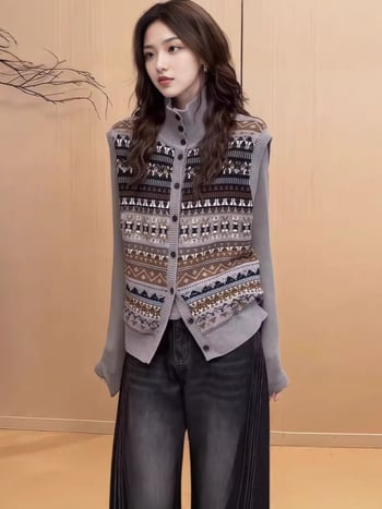 Жилет с жакард Fair Isle, стояща яка, къса дължина, полиестер