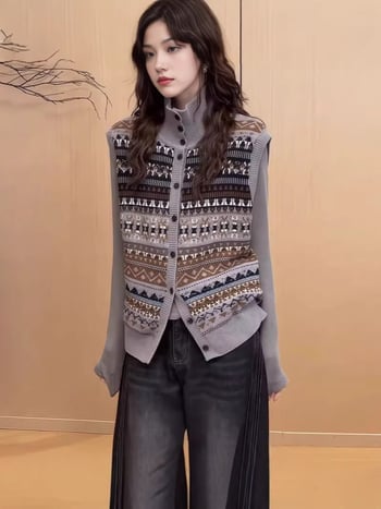 Жилет с жакард Fair Isle, стояща яка, къса дължина, полиестер