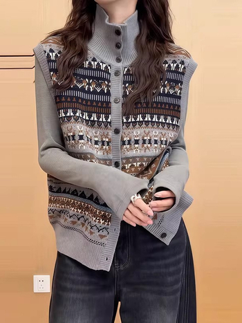 Жилет с жакард Fair Isle, стояща яка, къса дължина, полиестер