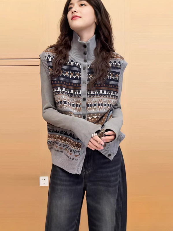 Жилет с жакард Fair Isle, стояща яка, къса дължина, полиестер