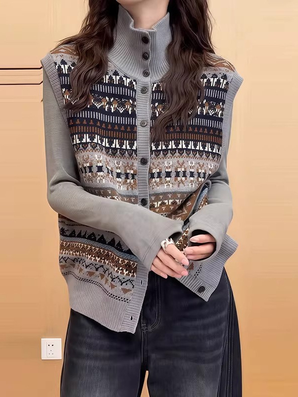 Жилет с жакард Fair Isle, стояща яка, къса дължина, полиестер