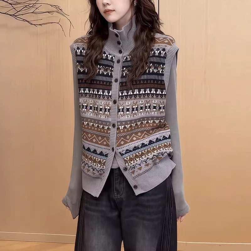 Жилет с жакард Fair Isle, стояща яка, къса дължина, полиестер