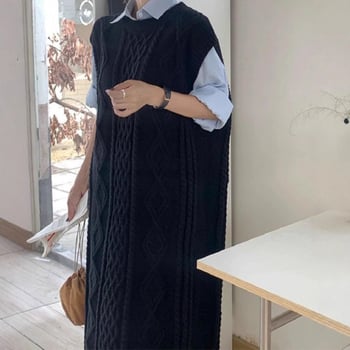 Дълъг плетен жилет с качулка – корейски стил, свободен силует, кръгло деколте, велурено плетиво, акрилно-полиестерна смес