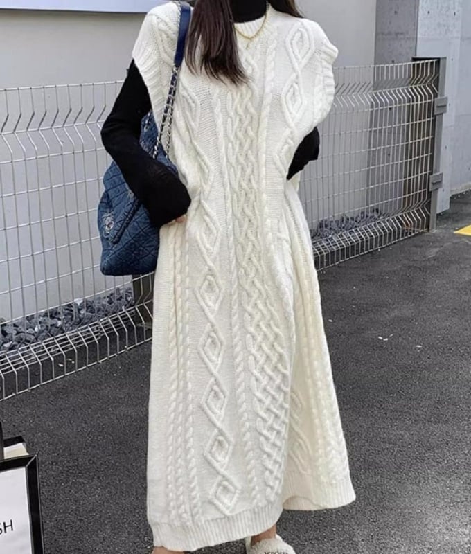 Дълъг плетен жилет с качулка – корейски стил, свободен силует, кръгло деколте, велурено плетиво, акрилно-полиестерна смес