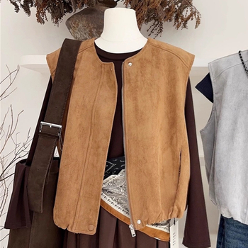 Maillard замшево велурено жилет-яке, ретро слоен дизайн, кръгло деколте, цип, свободна кройка