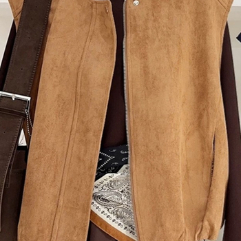 Maillard замшево велурено жилет-яке, ретро слоен дизайн, кръгло деколте, цип, свободна кройка