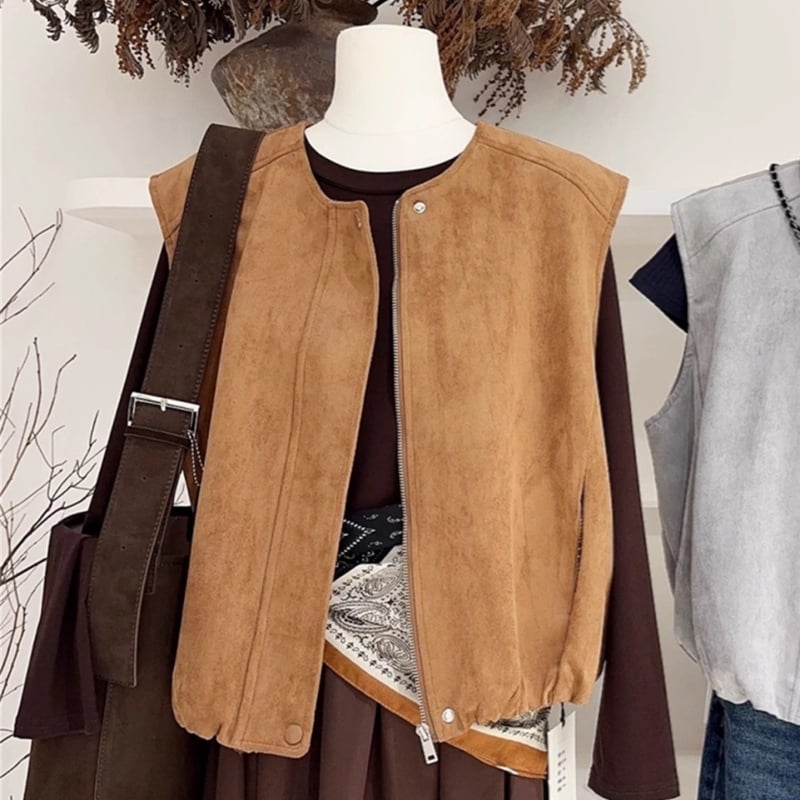 Maillard замшево велурено жилет-яке, ретро слоен дизайн, кръгло деколте, цип, свободна кройка