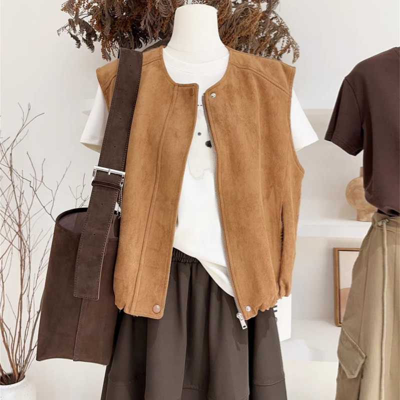 Maillard замшево велурено жилет-яке, ретро слоен дизайн, кръгло деколте, цип, свободна кройка