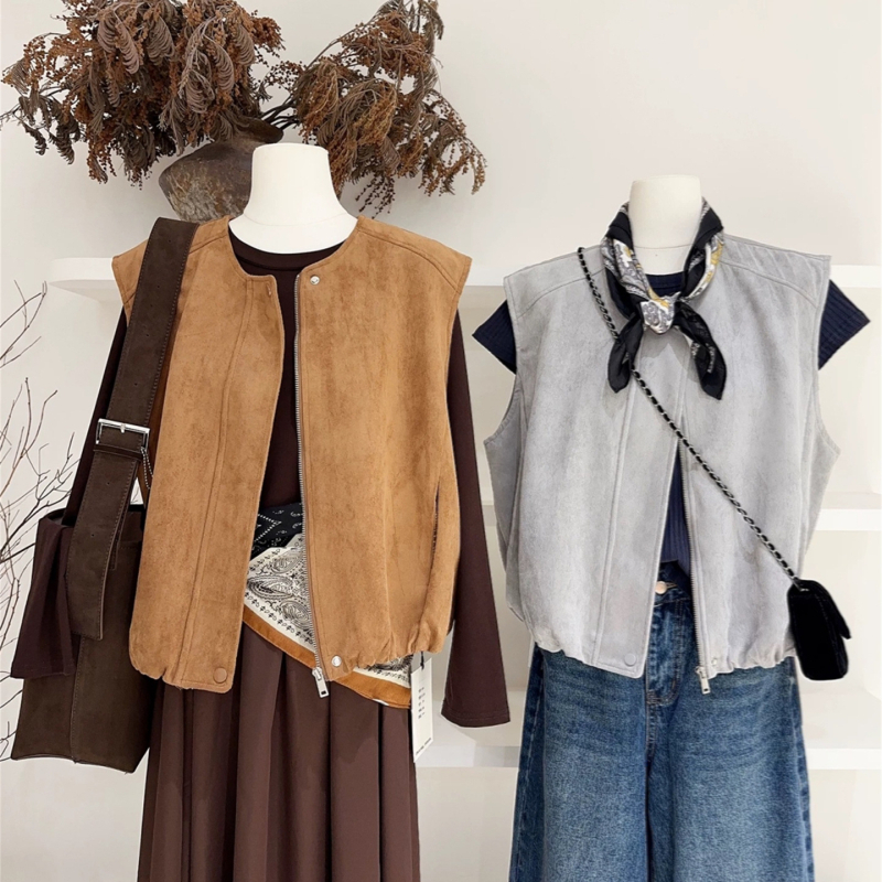 Maillard замшево велурено жилет-яке, ретро слоен дизайн, кръгло деколте, цип, свободна кройка