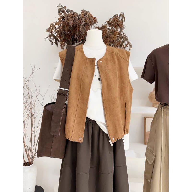 Maillard замшево велурено жилет-яке, ретро слоен дизайн, кръгло деколте, цип, свободна кройка