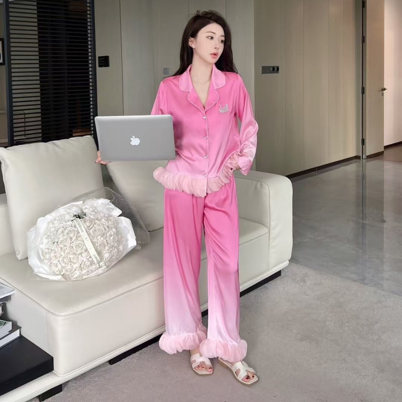Pidžama set od ice silk, gornji dio u kardigan stilu s čipkom, francuski satin, tanko platno 121–140 g/m²