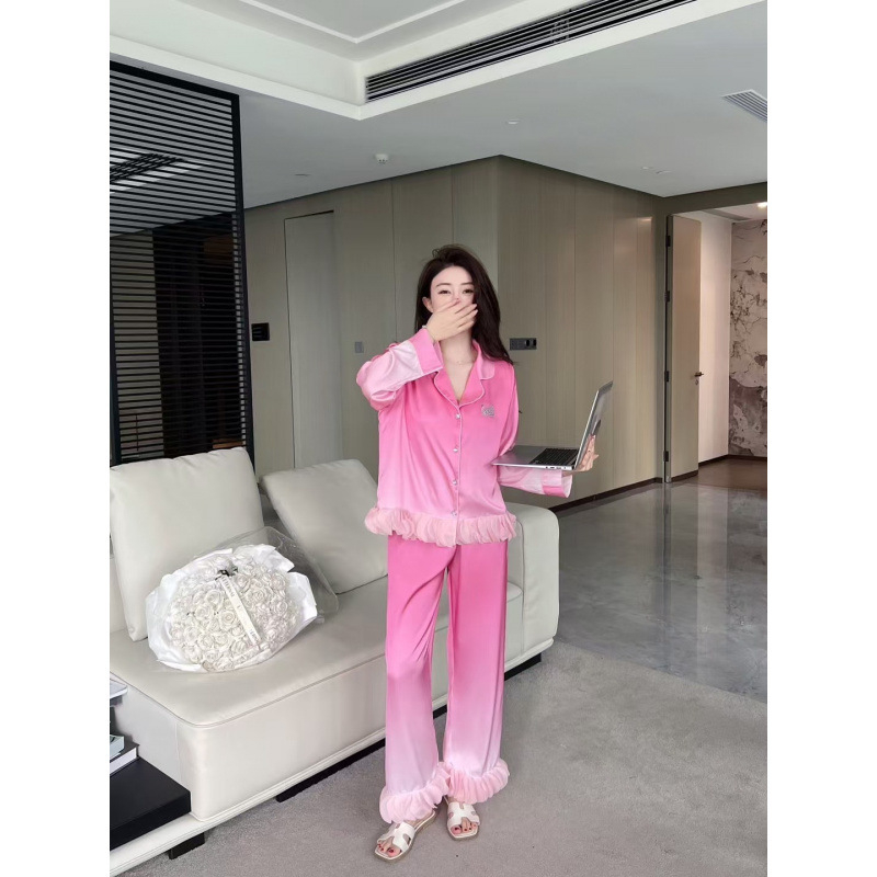 Pidžama set od ice silk, gornji dio u kardigan stilu s čipkom, francuski satin, tanko platno 121–140 g/m²