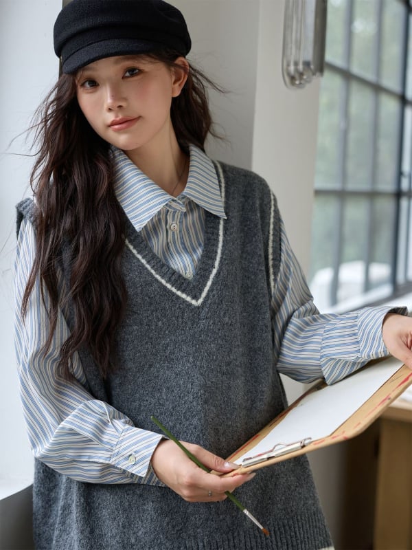 Vesta tricotată lejeră pentru femei, stil coreean, decolteu în V, fără mâneci, lungime medie