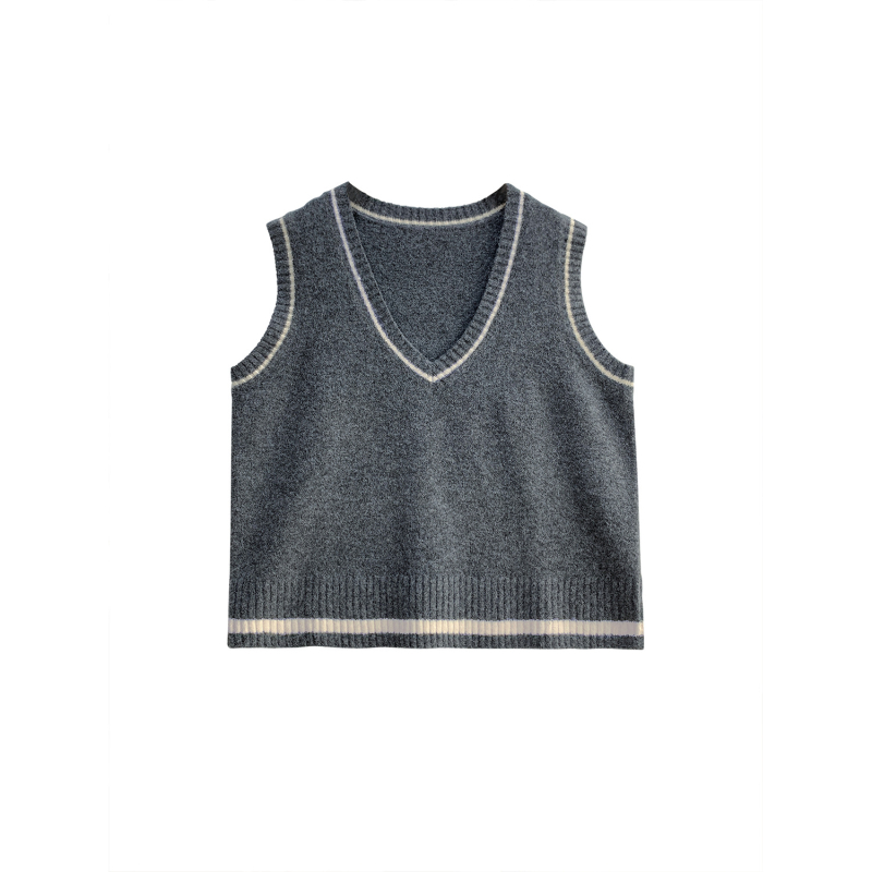 Vesta tricotată lejeră pentru femei, stil coreean, decolteu în V, fără mâneci, lungime medie