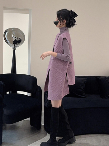 Жилет със слоев ефект, закопчаване с връзка, поло яка, chenille плат, 90–95% спандекс, удължена дължина