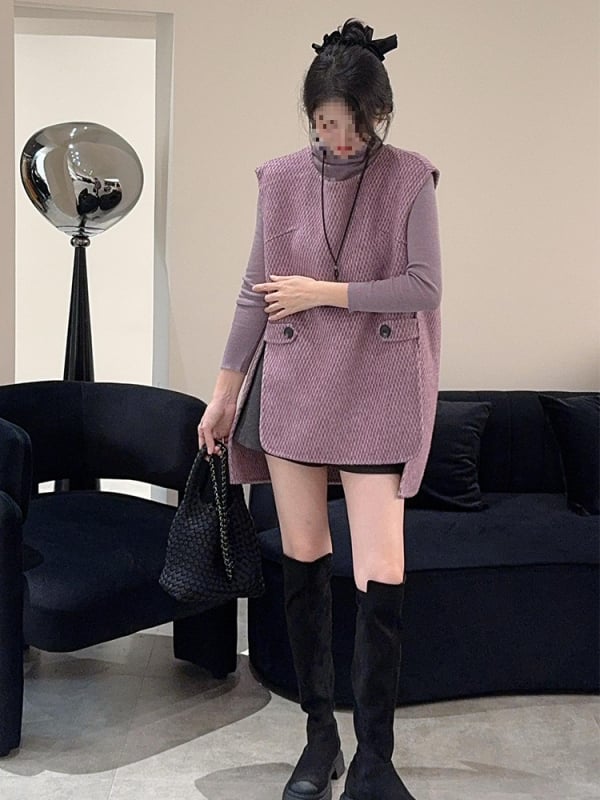 Жилет със слоев ефект, закопчаване с връзка, поло яка, chenille плат, 90–95% спандекс, удължена дължина