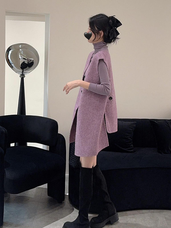 Жилет със слоев ефект, закопчаване с връзка, поло яка, chenille плат, 90–95% спандекс, удължена дължина