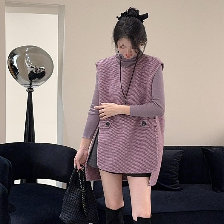 Жилет със слоев ефект, закопчаване с връзка, поло яка, chenille плат, 90–95% спандекс, удължена дължина