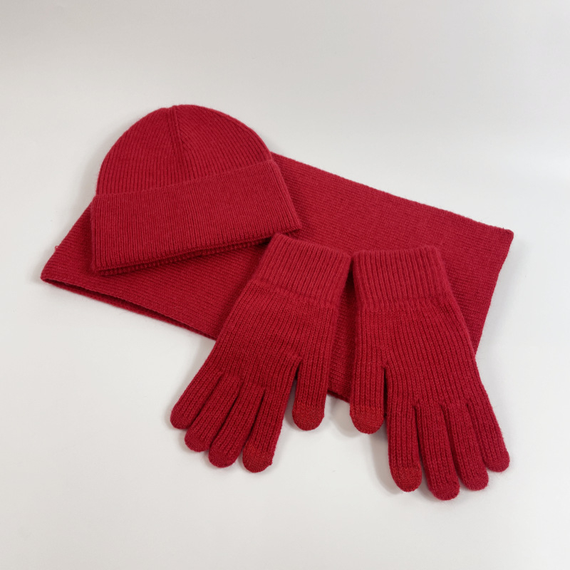 Σετ τριών τεμαχίων σκουφί, κασκόλ και γάντια από ακρυλικό, Jacquard πλέξιμο, μονόχρωμο σχέδιο, Unisex ενηλίκων, για χειμώνα-φθινόπωρο