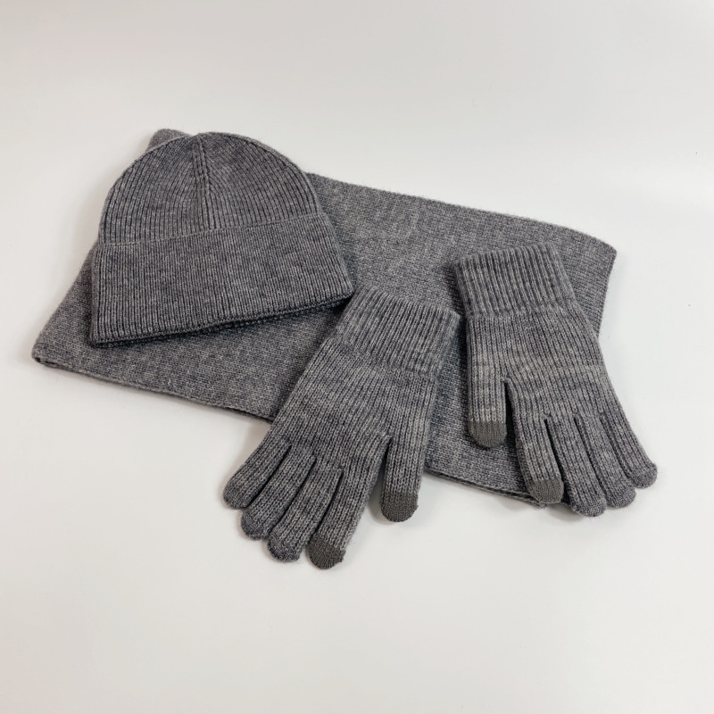 Σετ τριών τεμαχίων σκουφί, κασκόλ και γάντια από ακρυλικό, Jacquard πλέξιμο, μονόχρωμο σχέδιο, Unisex ενηλίκων, για χειμώνα-φθινόπωρο