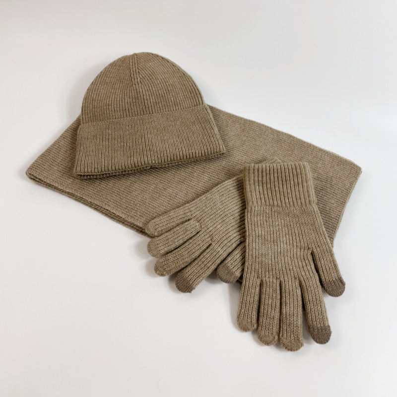 Σετ τριών τεμαχίων σκουφί, κασκόλ και γάντια από ακρυλικό, Jacquard πλέξιμο, μονόχρωμο σχέδιο, Unisex ενηλίκων, για χειμώνα-φθινόπωρο