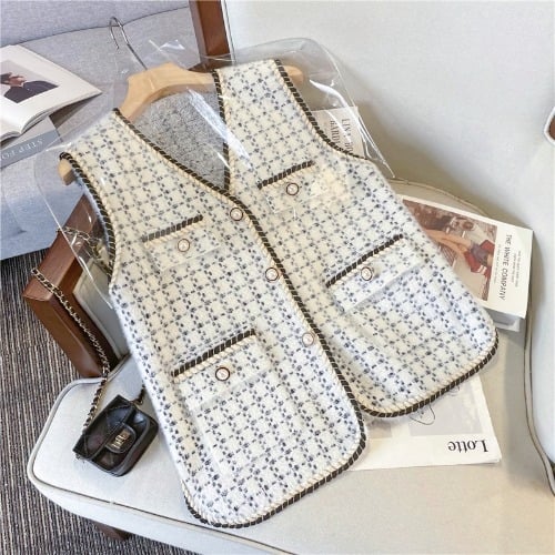 Безръкав жилет с V-образно деколте, имитационен Mink велур, каре принт, свободна кройка